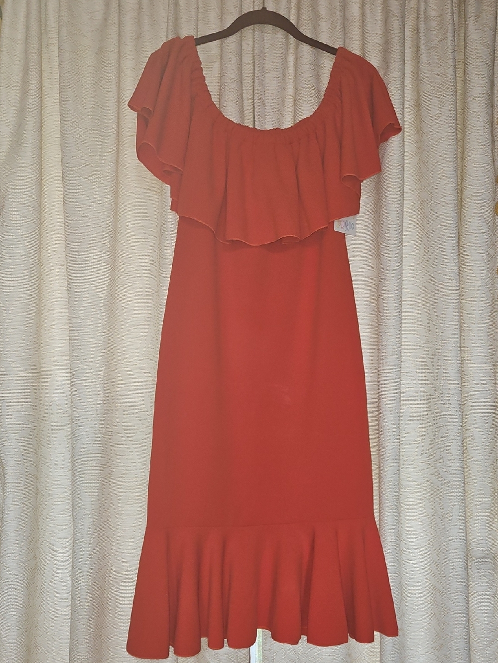 LuLaRoe Red One-Shoulder Ruffle Midi Dress